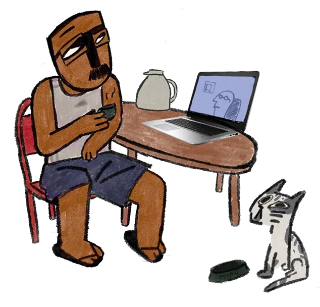 Ilustração de um homem bebendo café no conforto de sua casa durante uma consulta online.